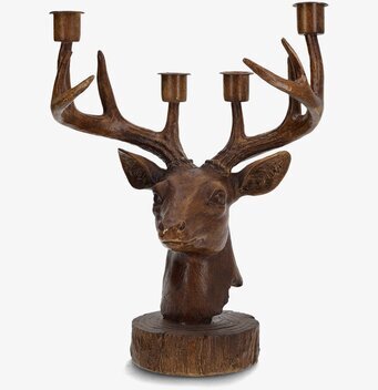 Bild av ljusstake hjorthuvud med fem ljushållare och träbas
