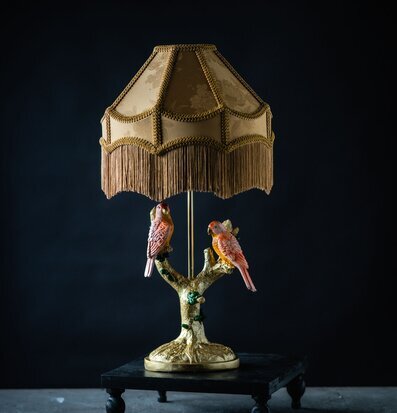 Bild av dekorativ bordslampa med guldfärgad skärm och papegojor