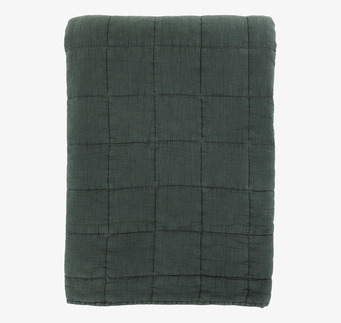 Bild på grönt sängöverkast med rutmönster och slät struktur