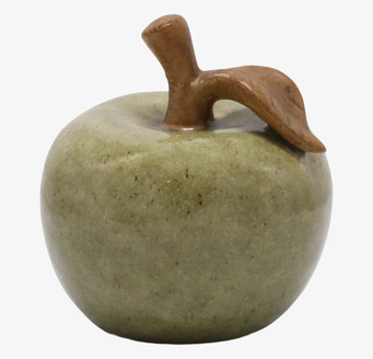 Bild på dekorativt keramikäpple med grönt och brunt blad