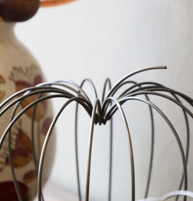 Bild på dekorativ metallpumpa och keramikvas i naturligt ljus