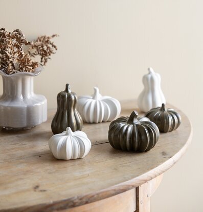 Bild med dekorativa keramikpumpor på rustikt träbord