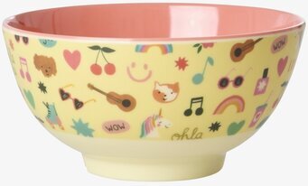 Bild på färgglad skål med enhörningar och lekfulla motiv