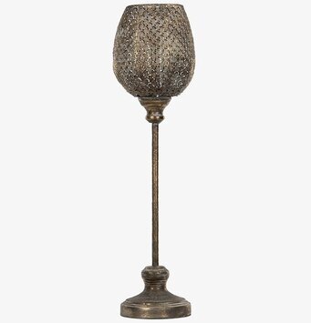 Bild på hög ljuslykta i metall med antikbrun finish och bladmönster