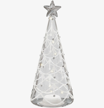 Bild på dekorativ julgran i glas med LED och vita detaljer