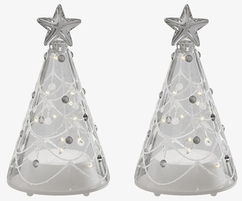 Foto av glasjulgranar med LED-belysning och dekorationer