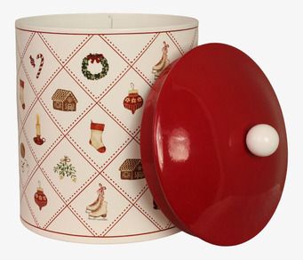 Bild på julig plåtburk med lock och klassiska vintermotiv