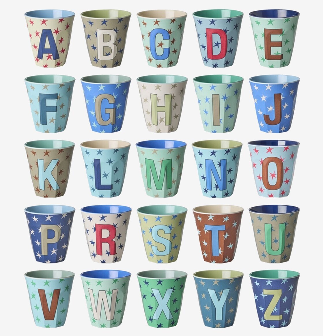 Melaminmugg Alphabet Stars Rice Melaminmuggar Lattemuggar i melamin Melaminkoppar