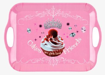 Bild av livfull serveringsbricka med cupcake och text