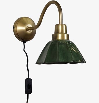 Bild på vägglampa i mörkgrönt och mässing med räfflad skärm