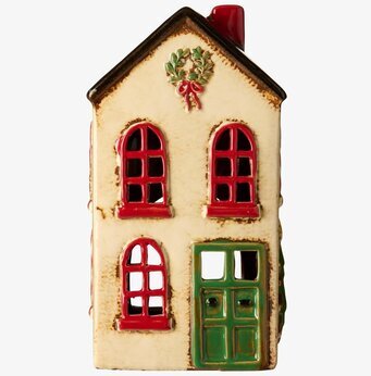 Bild av dekorativ ljuslykta i form av julhus i keramik