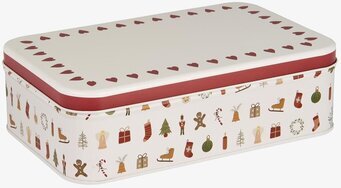 Bild av julig plåtburk med nostalgiska motiv och rött lock