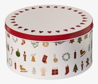 Bild av rund julburk i plåt med klassiskt och dekorativt motiv