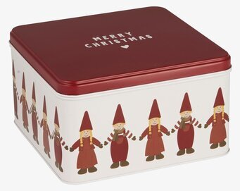Bild på julig plåtburk med tomtenissar och Merry Christmas