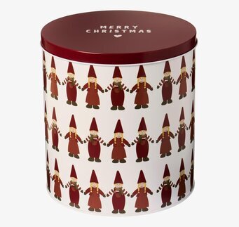 Bild på rund julburk med tomtenissar och rött lock