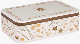 Bild av rektangulär plåtburk med vinterkryddor och nötmotiv