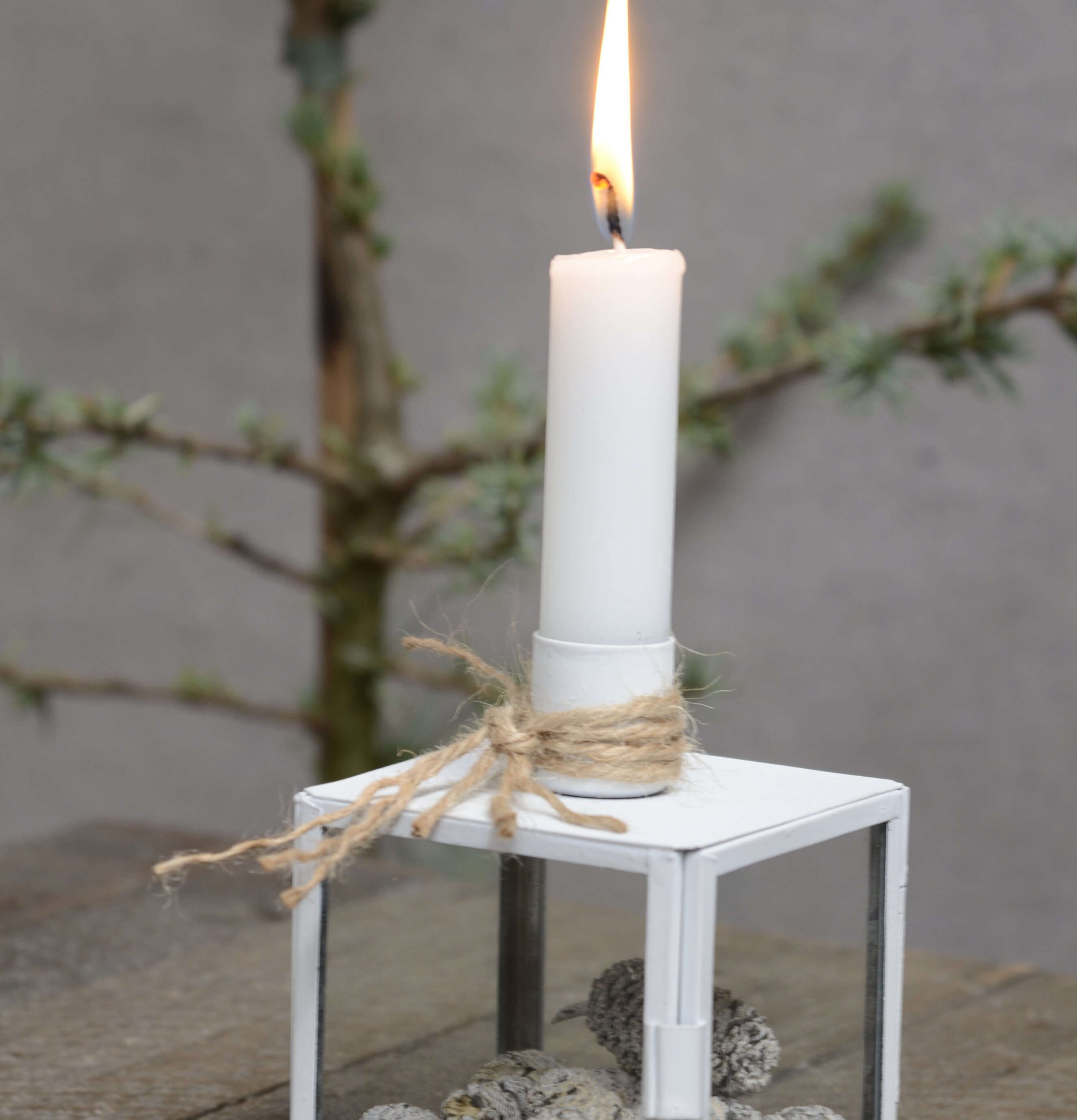 IB Laursen Glasbox Ljuslykta Vit Bönljus på rustikt träbord