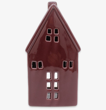 Bild av auberginefärgad keramiklykta formad som hus