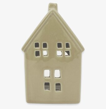 Bild på dekorativ sagegrön keramiklykta formad som hus