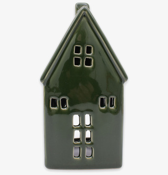 Bild av grön keramikljuslykta i form av stilrent hus