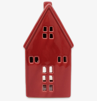 Bild dekorativ ljuslykta husformad i hallonröd keramik 