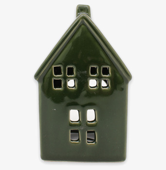 Bild på liten grön husformad ljuslykta med åtta fönster
