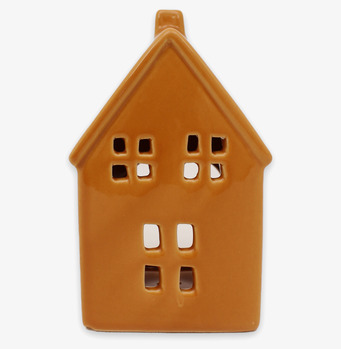 Bild av liten husformad ljuslykta i ockragul keramik