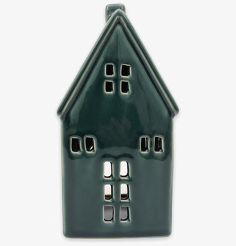 Bild av dekorativ ljuslykta i form av hus med petrolfärg