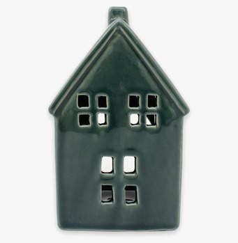 Bild av keramisk ljuslykta i petrol med husdesign 59 tecken