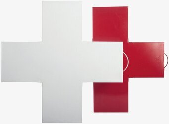 Bild av medicinskåp i korsform med röd och vit design