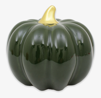 Bild på dekorativ grön pumpa med guldfärgat skaft, låg modell