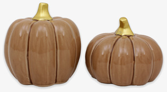 Bild på två nougatfärgade keramiska pumpor med gulddetaljer