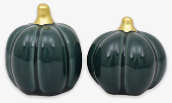 Bild på två dekorativa pumpor i petrol med guldfärgade stjälkar