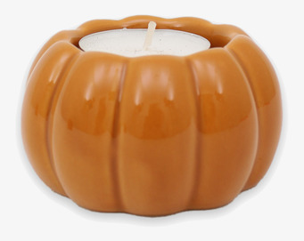 Bild på liten pumpaformad ljuslykta i ockragul keramik