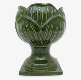 Bild av grön pokalkruka med glaserad yta och bladformad design