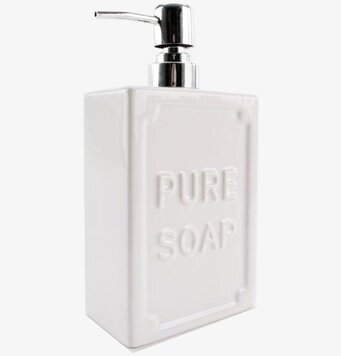 Bild på stilren vit tvålpump med metallisk pumpmekanism