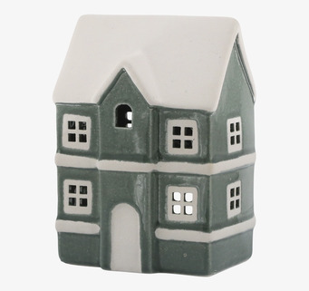 Bild av dekorativ ljuslykta som litet hus i grön keramik