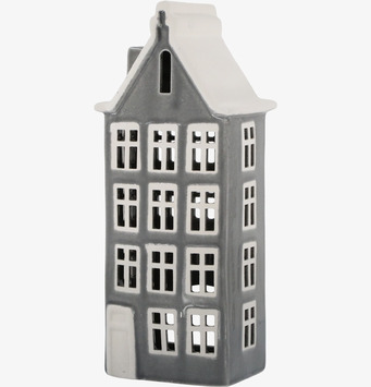 Bild av ljuslykta som stadshus i grått och vitt keramik