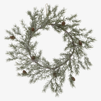 Bild av naturtrogen grankrans med kottar och frostad yta