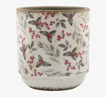 Bild på keramikkruka med rönnbärsdekor och rustik glasyr
