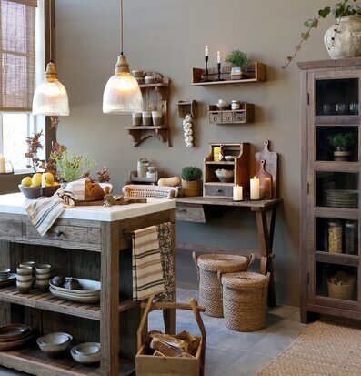 Bild av lantligt kök med köksö, vitrinskåp och harmonisk stil