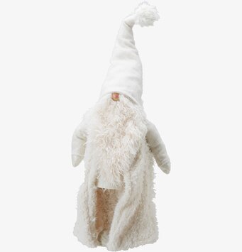 Bild på dekorativ tomte i vitt med fluffig päls och luva
