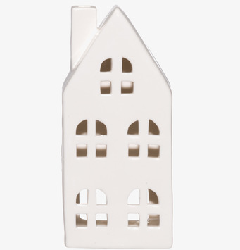 Bild av minimalistisk ljuslykta hus i vit keramik med fönster