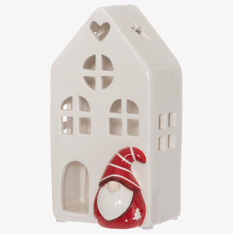 Bild av dekorativ ljuslykta i form av hus med tomte och hjärta