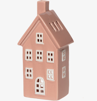 Bild av rosa keramisk ljuslykta i form av litet hus