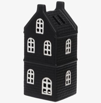 Bild av dekorativ ljuslykta i form av svart miniatyrhus