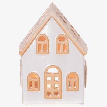 Bild av dekorativ ljuslykta i keramik formad som litet hus