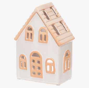 Bild av vit keramikhuslykta med beige detaljer och fönster