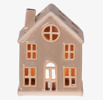 Bild av dekorativ beige ljuslykta i form av litet hus