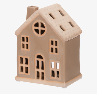 Bild av stilren beige keramisk ljuslykta formad som hus